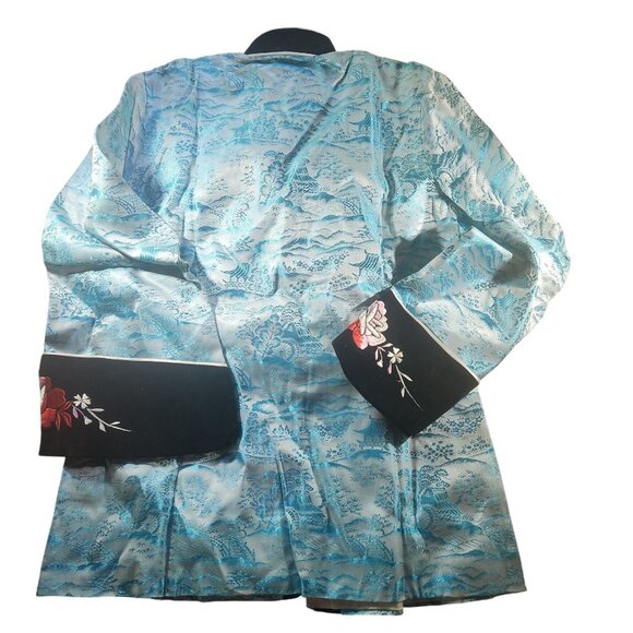 Vtg Fuji Japan Embroidered Kimono Jacket Robe Blue & Black floral cuff collar - Picture 4 of 9